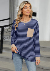 Crew Neck Color Block Pocket Detail Striped Top