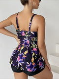 Flroal Print Drawstring Tie Front Tankini Set