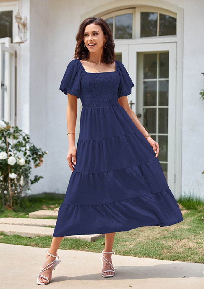 Square Neckline Puff Sleeve Smocked Maxi Dress