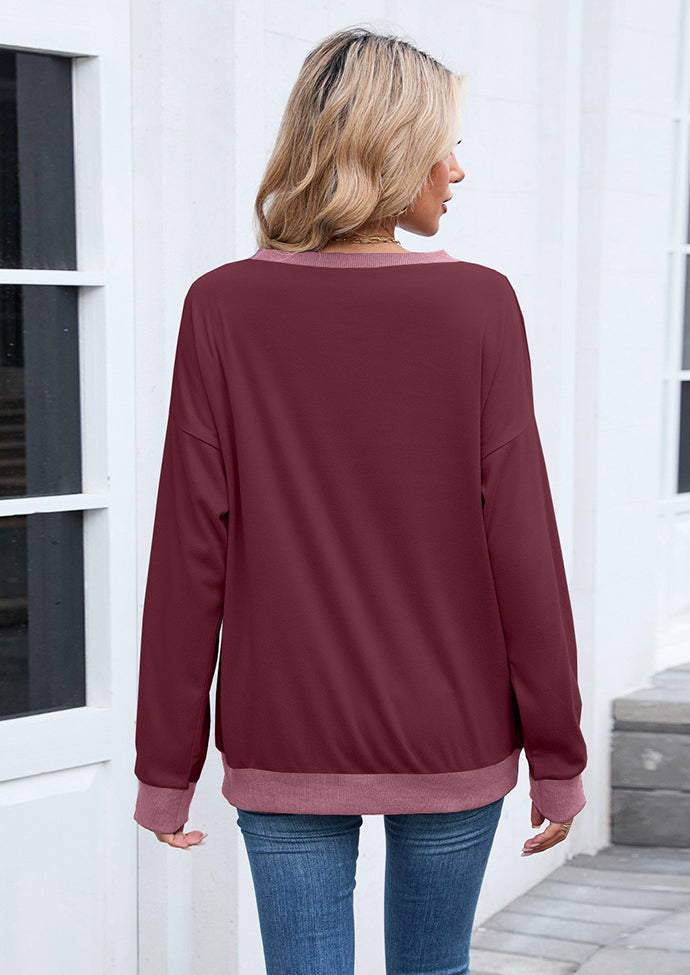 Ribbed Color Block Crew Neck Casual Sweatshirt