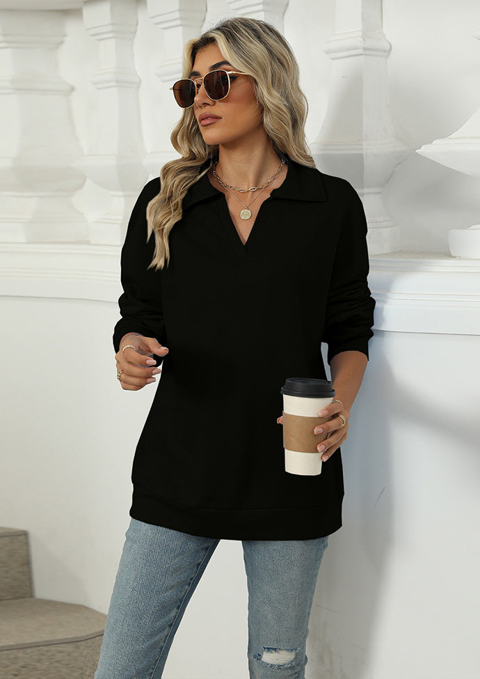 Solid Turndown Collar V Neck Sweatshirt