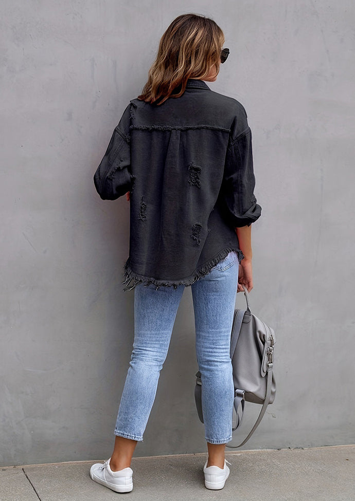Raw Hem Distressed Button Up Denim Jacket