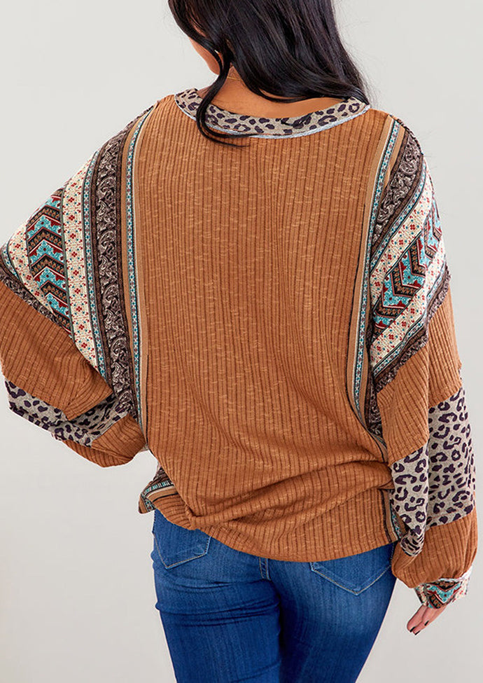 Retro Leopard Print Color Block Oversize Blouse