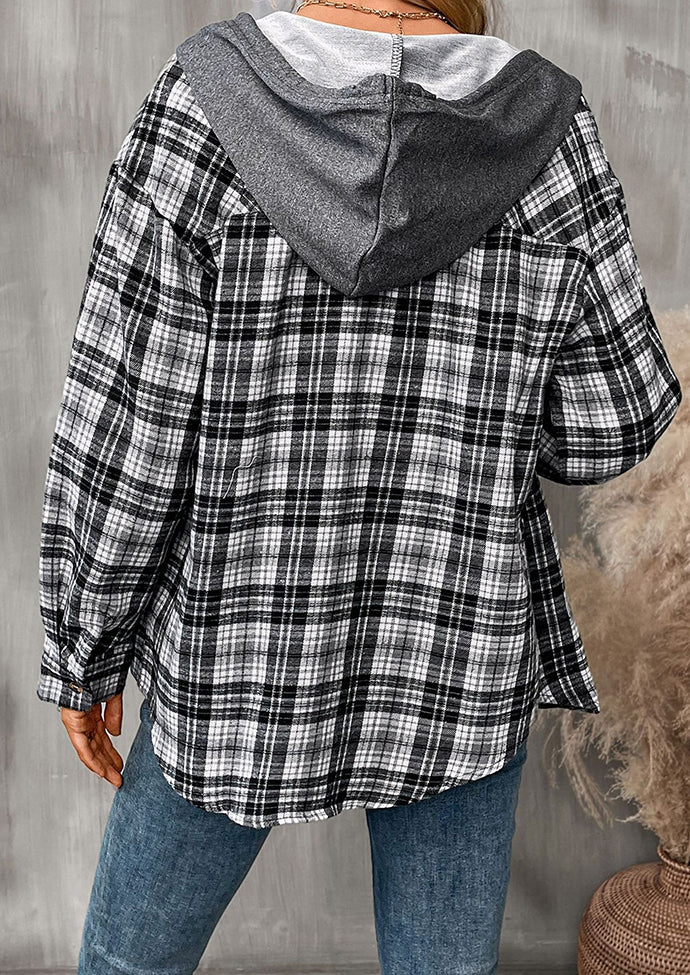 Hooded Pocket Detail Button Up Plaid Shirt
