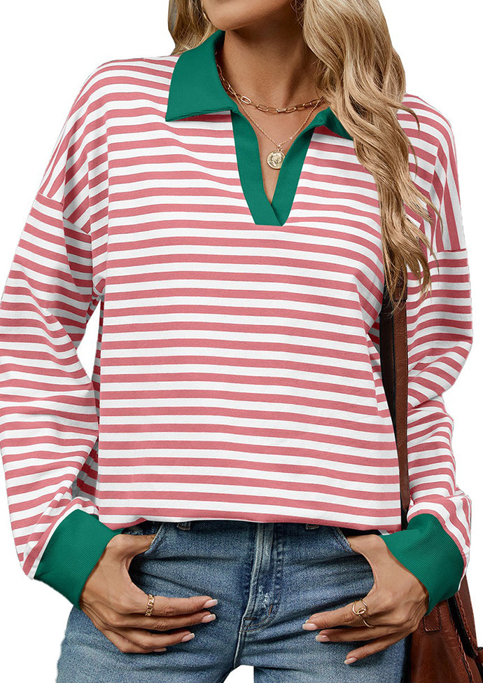 Stripe Color Block V Neck Casual Top