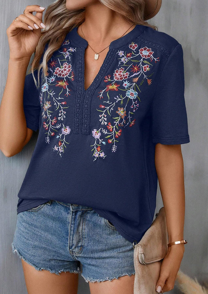 Embroidery Lace Inset V Neck T-shirt