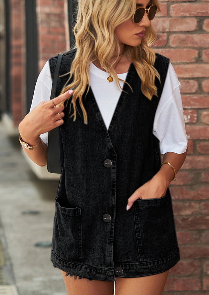 V Neck Button Up Denim Vest with Pockets