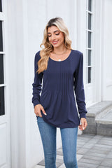 Pleated Crew Neck Long Sleeve Tunic
