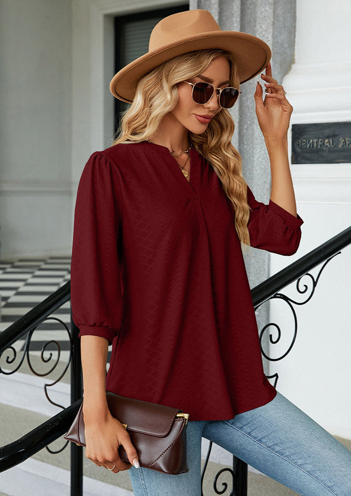 Jacquard Half Sleeve V Neck Casual Blouse
