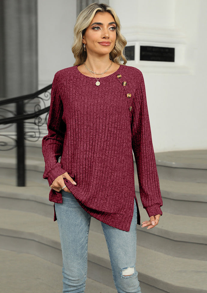 Raglan Sleeve Button Detail Side Split Tunic