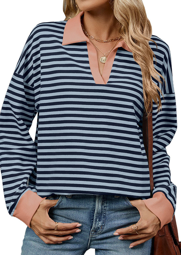 Stripe Color Block V Neck Casual Top