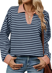 Stripe Color Block V Neck Casual Top