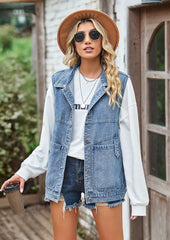 Button Up Hooded Denim Vest with Pockets