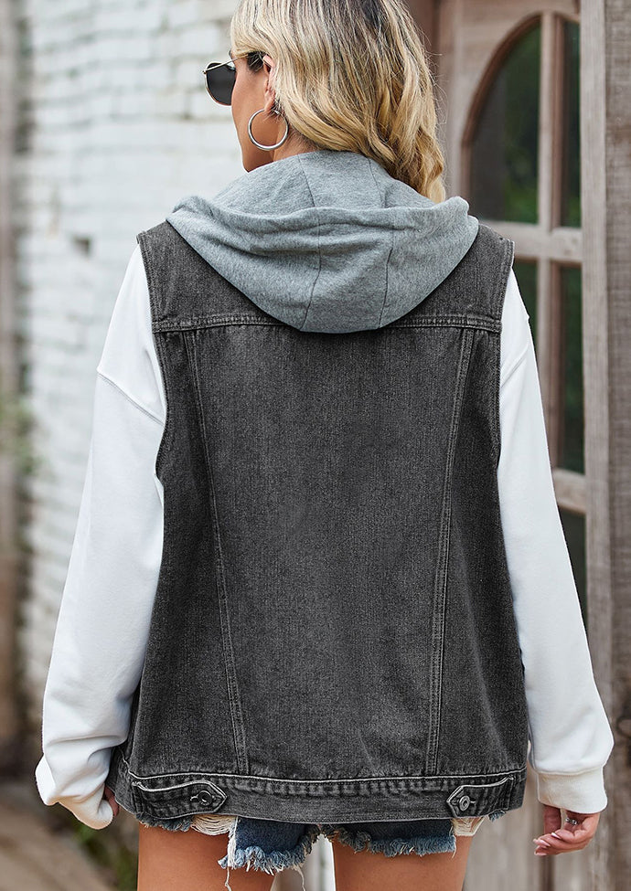 Button Up Hooded Denim Vest with Pockets