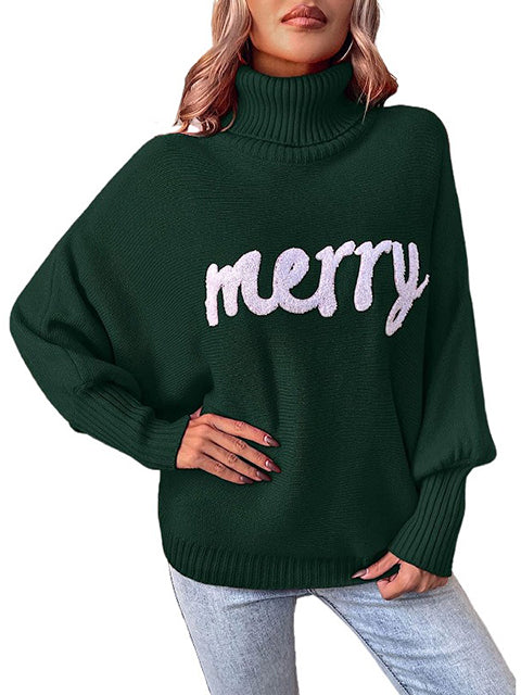 Christmas Jacquard Turtleneck Bat Sleeve Sweater