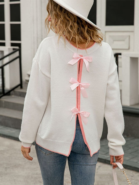 Bow Tie Detail Crew Neck Knitted Sweater