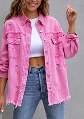 Raw Hem Distressed Button Up Denim Jacket