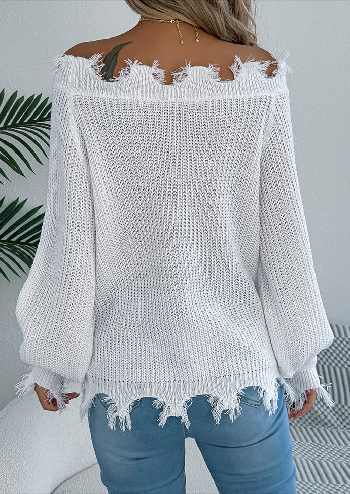 Off the Shoulder Raw Hem Jacquard Knitted Sweater