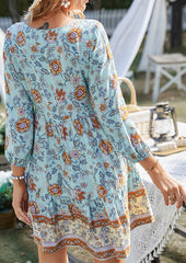 Button Detail Print Boho Mini Dress