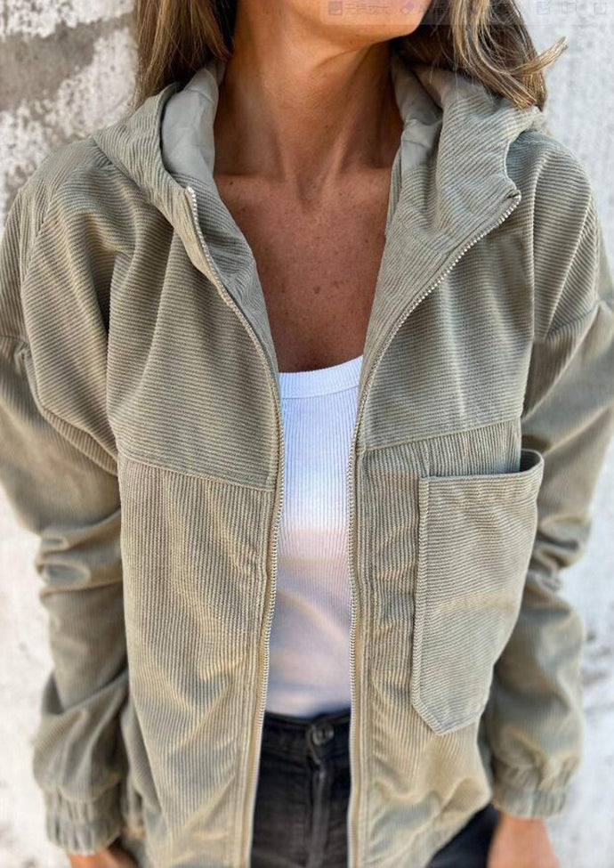 Corduroy Hooded Zip Up Casual Jacket
