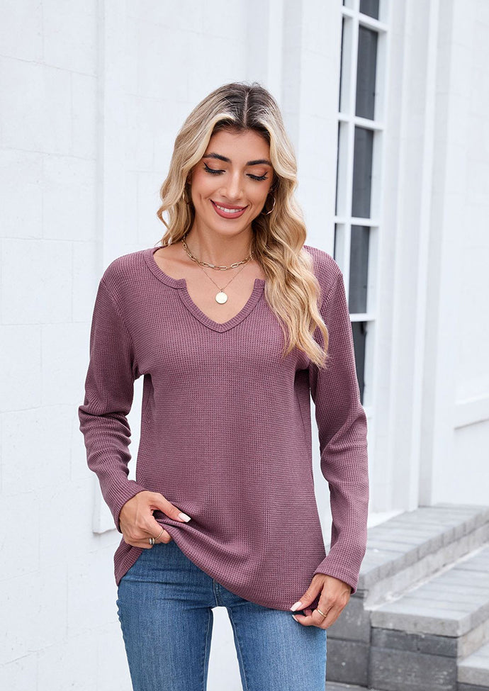Waffle V Neck Long Sleeve T-shirt