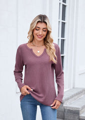 Waffle V Neck Long Sleeve T-shirt
