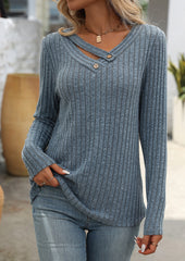 V Neck Textured Button Detail Casual T-shirt