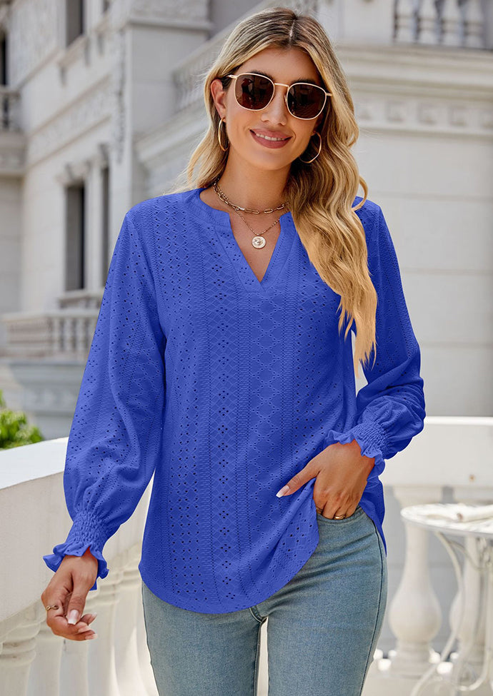 Jacquard V Neck Smocked Cuff Blouse