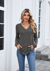 V Neck Long Sleeve Basic Casual T-shirt