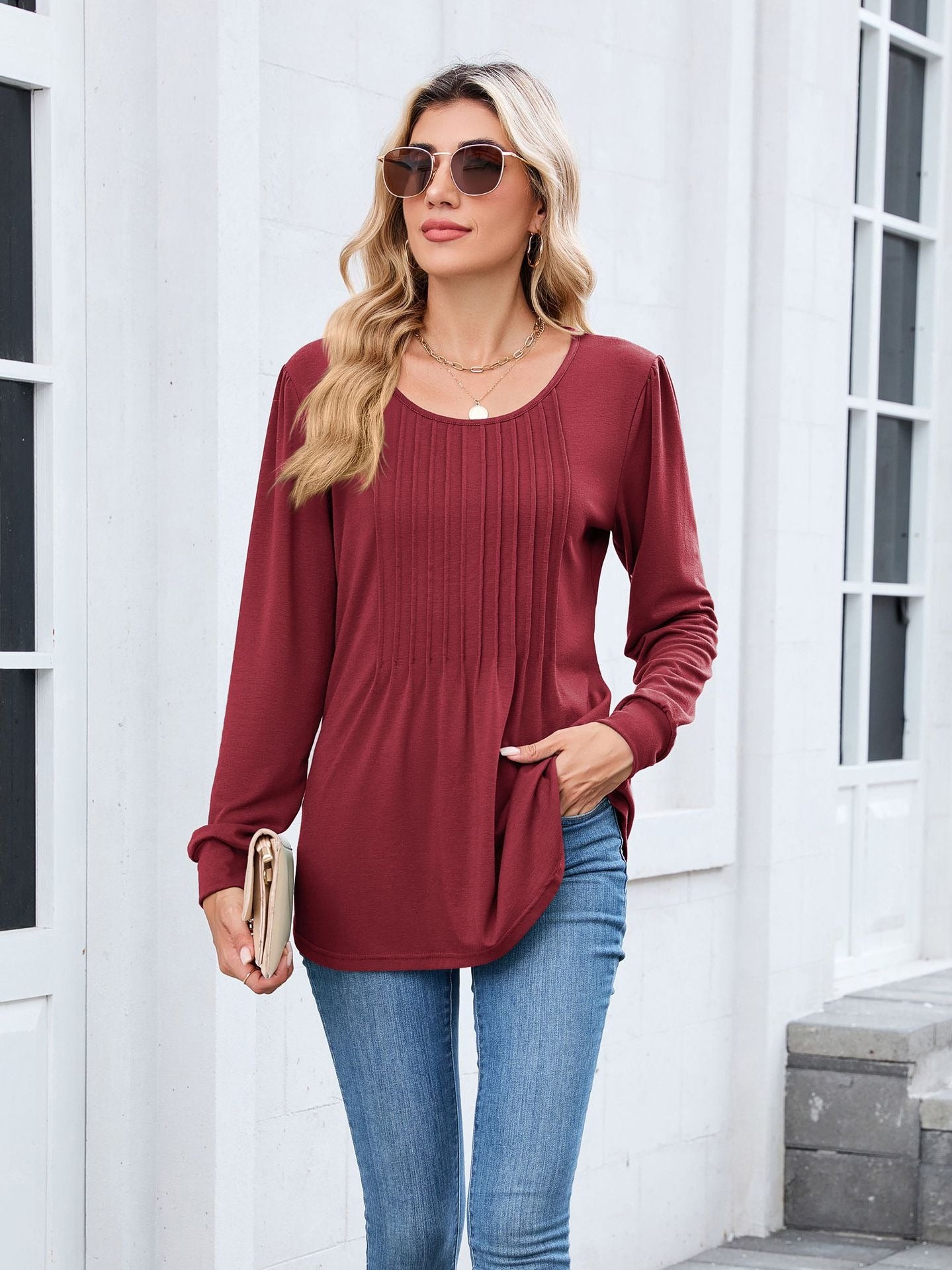 Pleated Crew Neck Long Sleeve Tunic