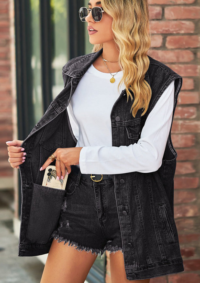 Retro Washed Denim Vest with Pockets