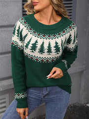 Jacquard Christmas Tree Knitted Sweater-Green