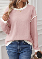 Textured Crew Neck Color Block Casual Top