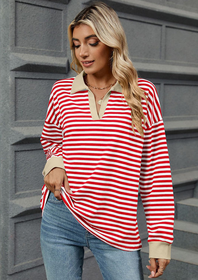 Stripe Color Block V Neck Casual Top