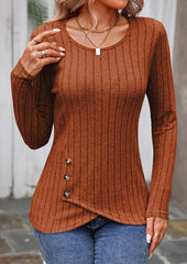 Crossed Hem Button Detail Textured Casual T-shirt
