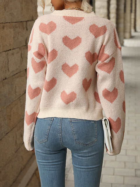 Heart Pattern Crew Neck Knitted Sweater