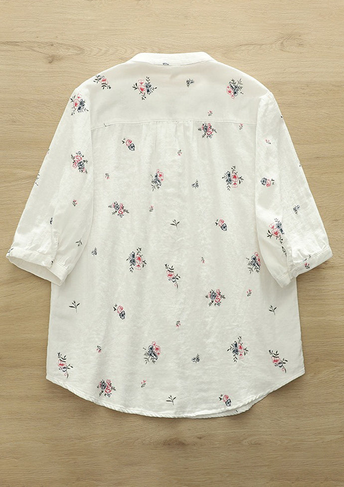 Split Neck Floral Print Half Sleeve Cotton Shirt