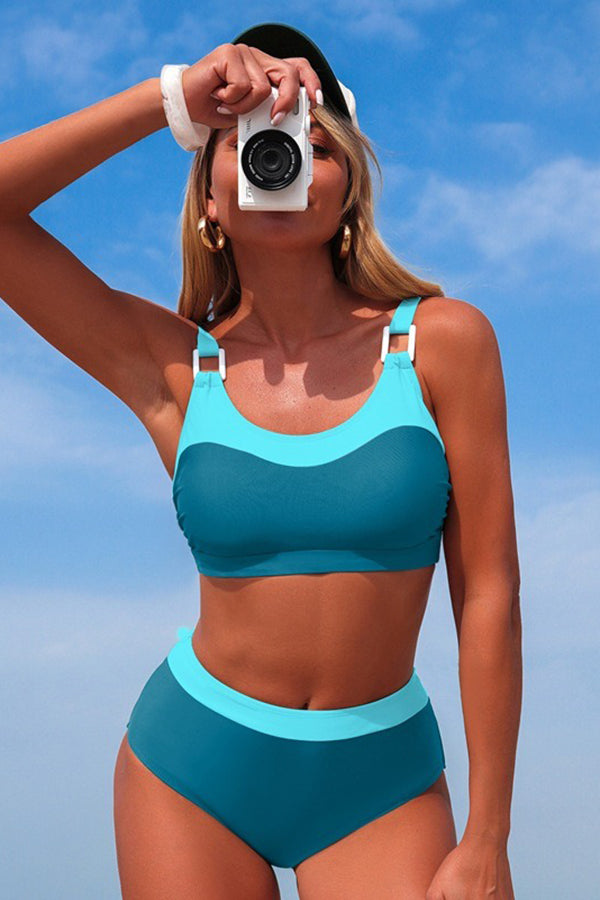 Contrast Trim High Waist Bikini Set Teal - Swimwear from Cindelily
