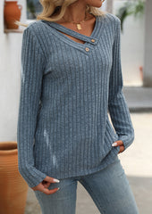 V Neck Textured Button Detail Casual T-shirt