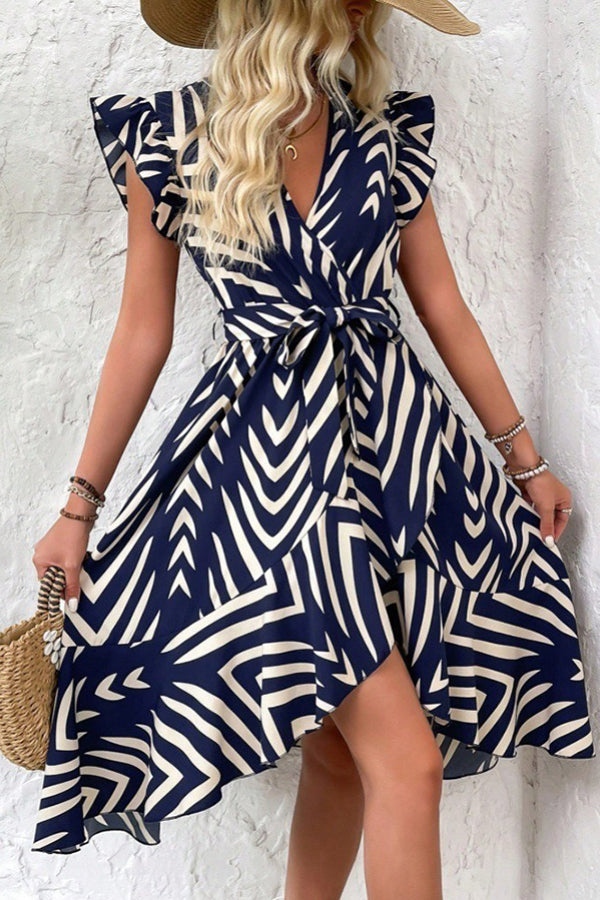 Navy & White Chevron Ruffle Wrap Dress - Dresses from Cindelily