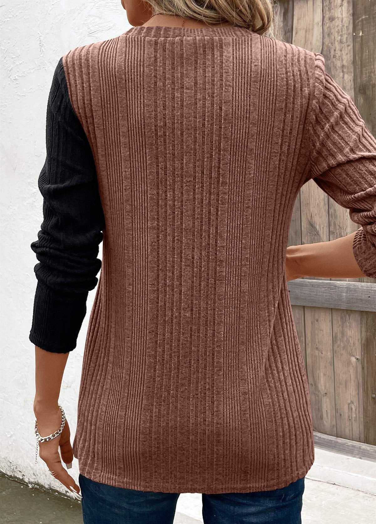 Color Block Button Detail Long Sleeve T-shirt