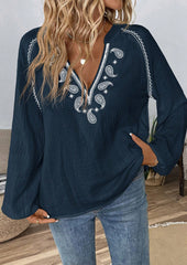 Embroidered V Neck Long Sleeve Boho Blouse