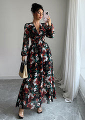 Ruffle Floral V Neck Cut Out Back Maxi Dress