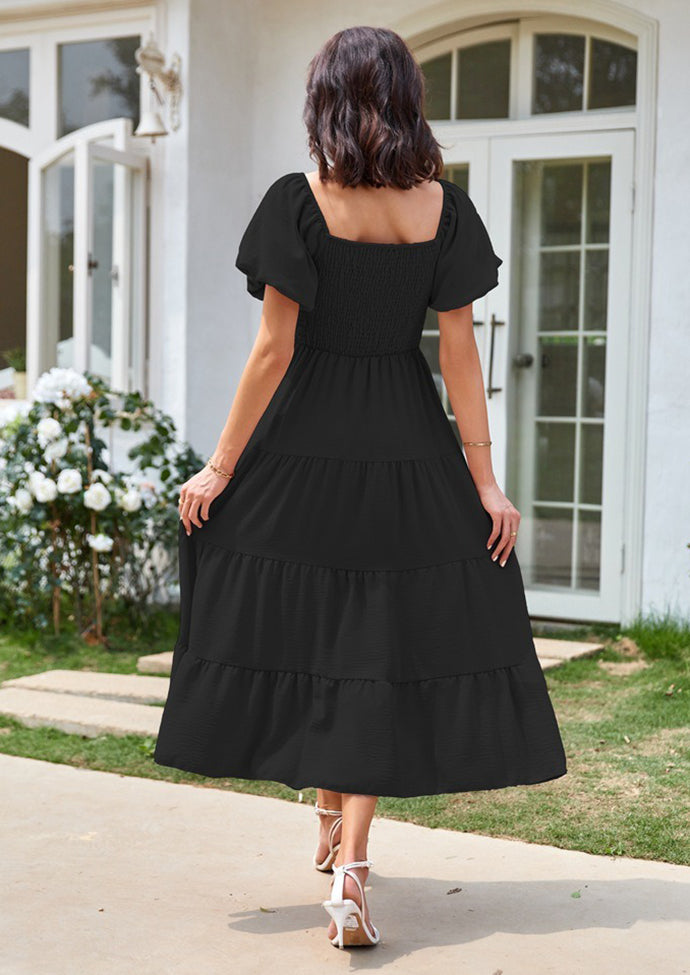 Square Neckline Puff Sleeve Smocked Maxi Dress