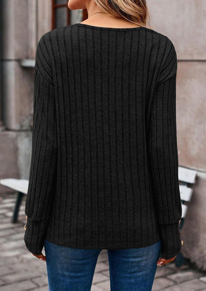 V Neck Button Detail Textued Casual T-shirt
