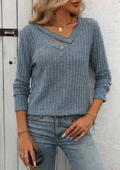 V Neck Textured Button Detail Casual T-shirt