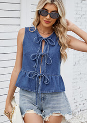 Ruffle Hem Tie Front Denim Vest Top