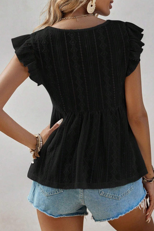 Ruffled V-Neck Eyelet Lace Blouse - Blouses & Shirts from Cindelily