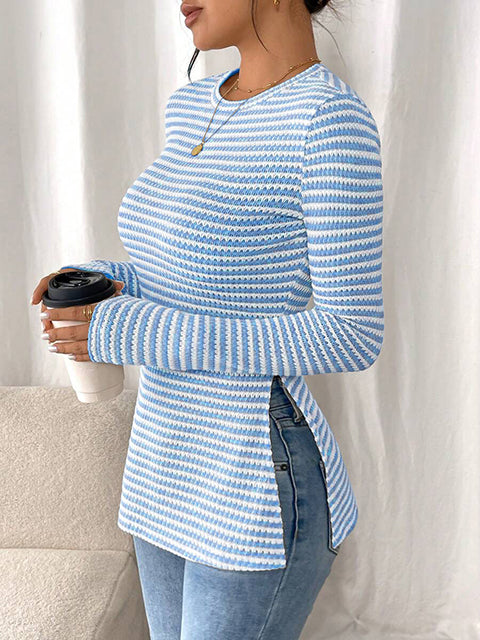 Striped Side Split Long Sleeve Top
