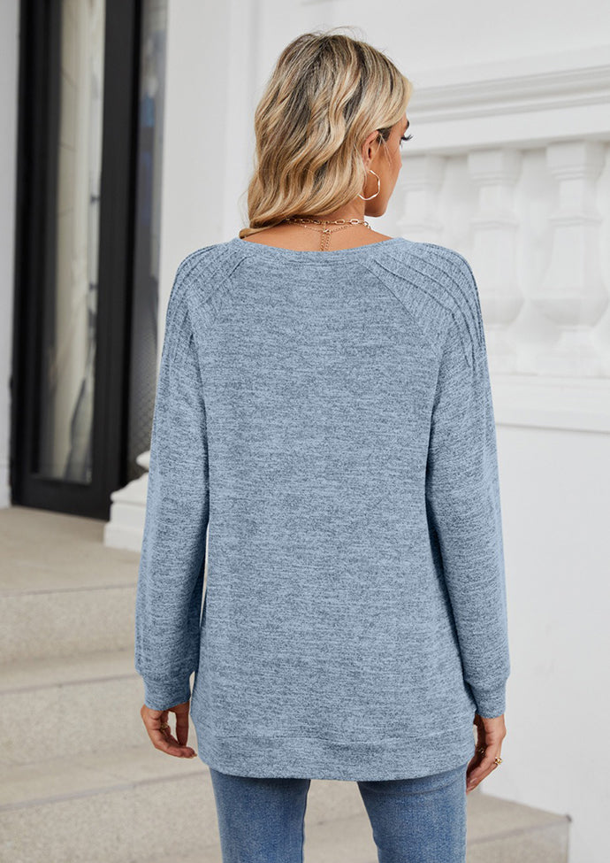 Pleated Long Sleeve Crew Neck Casual T-shirt